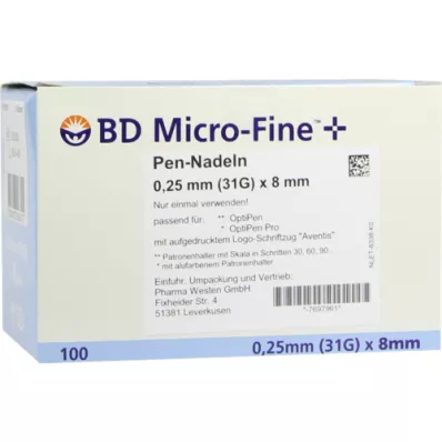 BD MICRO-FINE+ 8 igel za pisala 0,25x8 mm, 100 kosov