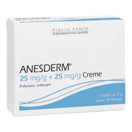 ANESDERM 25 mg/g + 25 mg/g kreme + 10 obližev, 5X5 g