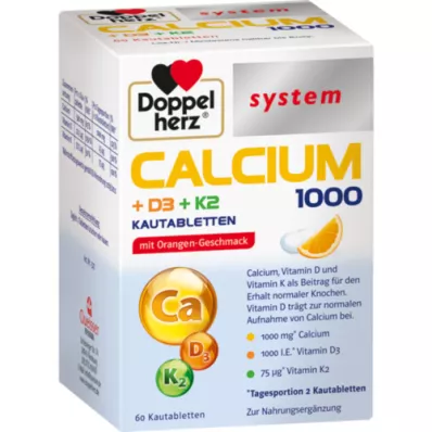DOPPELHERZ Kalcij 1000+D3+K2 sistem žvečljivih tablet, 60 kosov
